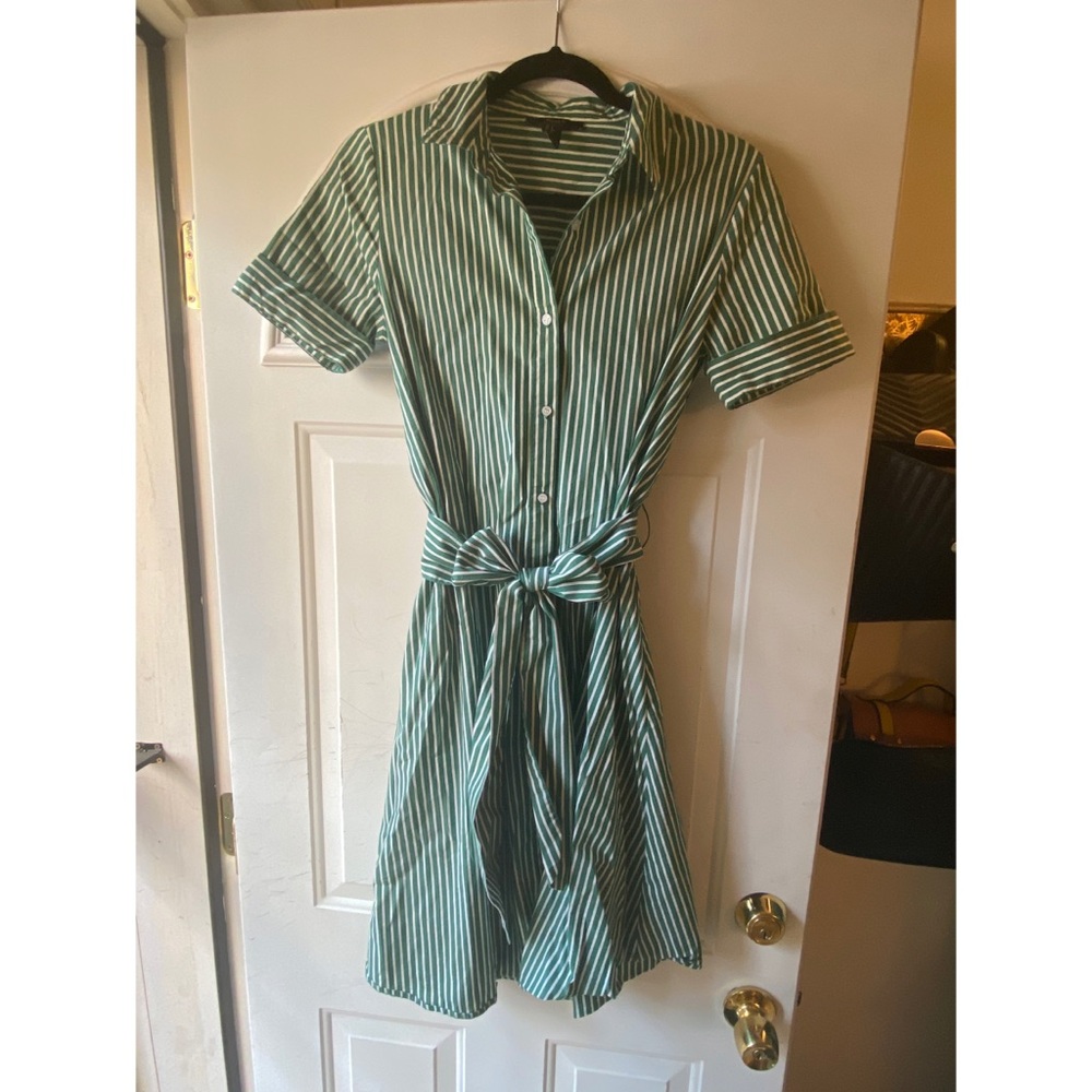 Green and white striped shirtwaist wrap dress
